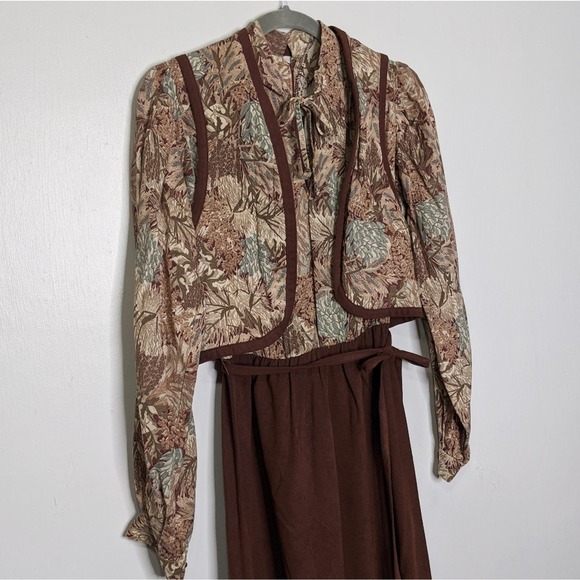 VTG 70s Groovy Vest Dress Quilted Brown Floral - Picture 5 of 12
